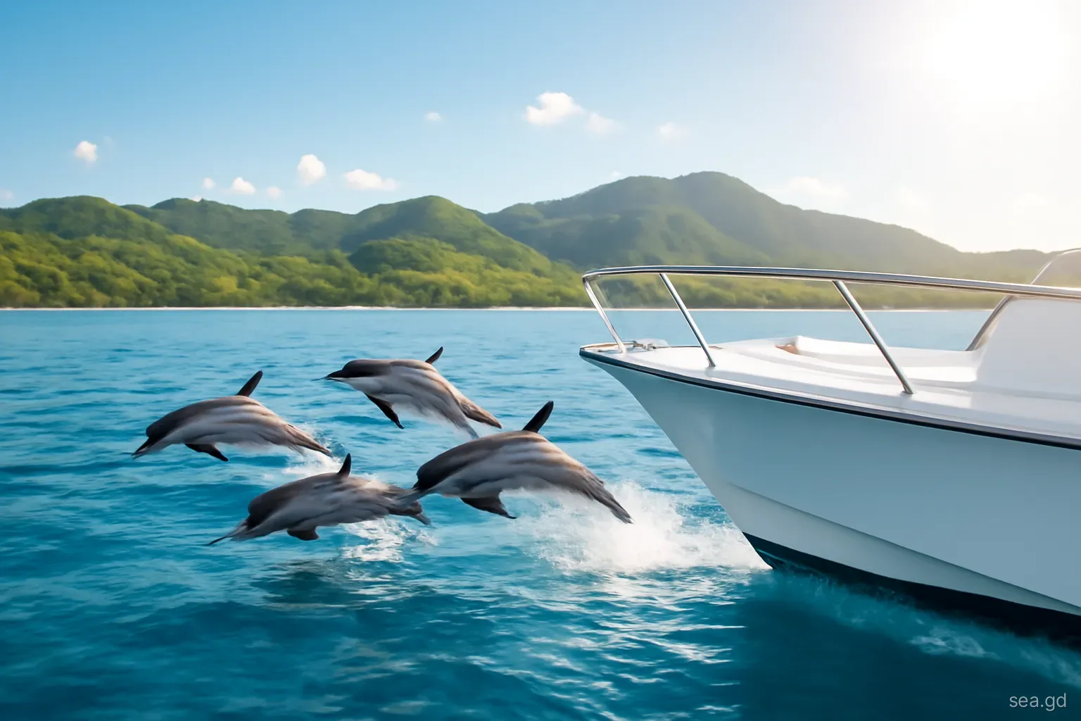 Pod of spinner dolphins leaping beside the bow of a small white boat in deep blue water off Grenada's west coast, green hills behind, morning sun