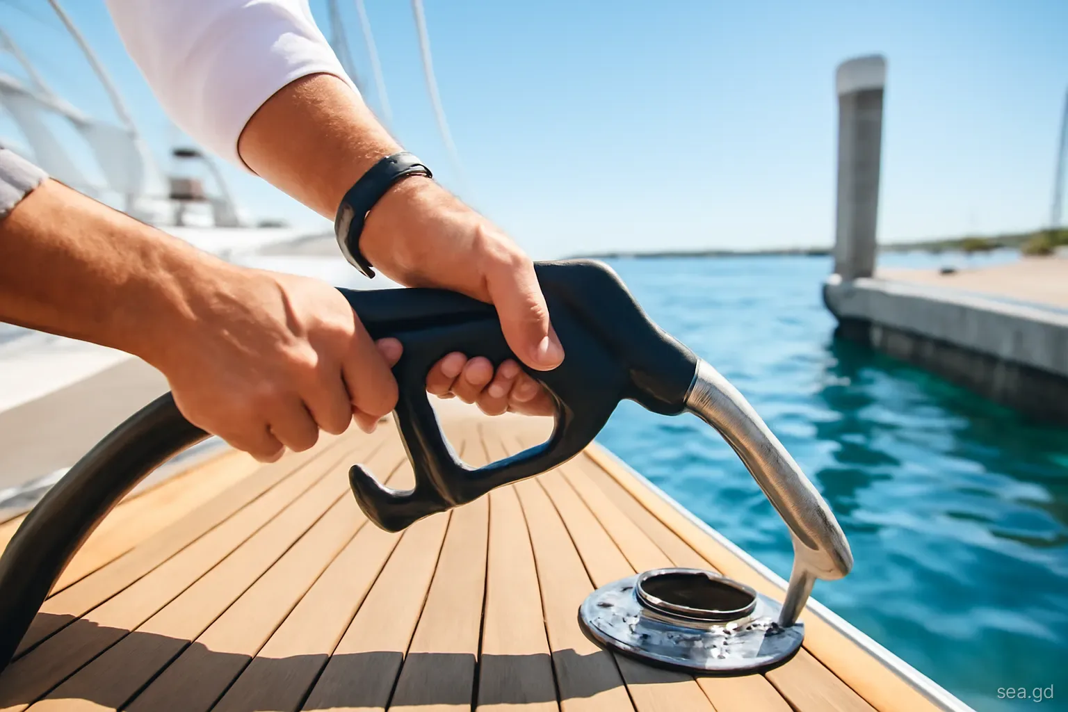 Close view of a sailor's hands guiding a diesel nozzle into a teak deck filler on a sloop alongside a fuel dock in the St George's lagoon, clear water, midday sun