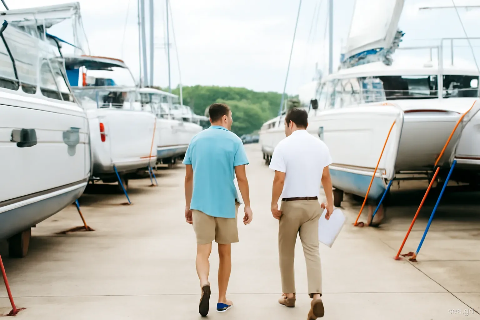 Boat owner and surveyor walking along a row of catamarans strapped down on the hard at a south coast Grenada yard, viewed from behind, bright overcast morning light